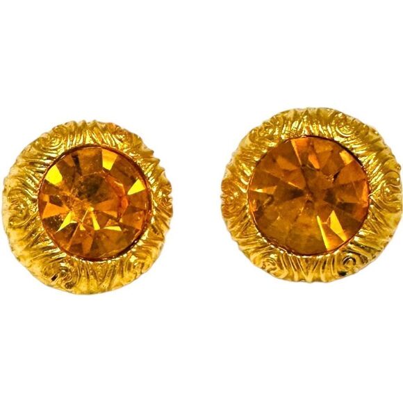 MISH TWORKOWSKI Gold Plated Citrine Yellow Orange Rhinestone Statement Clip On E - Picture 3 of 5